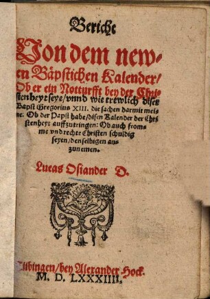 Bericht von dem newen Bäpstischen Kalender ...