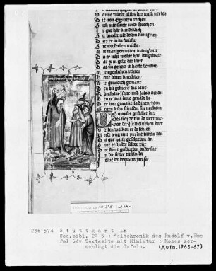 Weltchronik des Rudolf von Ems — Textseite mit drei Miniaturen, Folio 64verso