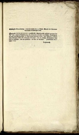 Gnädigste Verordnung, daß niemand bey 50 Rthlr. Strafe die Brunnen Teuchlen beschädigen solle : Zweybrücken den 2 Julii 1772
