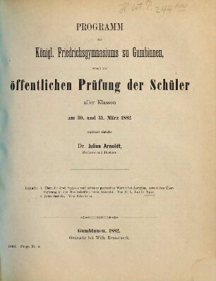 Programm des Königl. Friedrichsgymnasiums zu Gumbinnen : für das Schuljahr ... 1881/82
