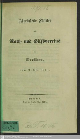Abgeänderte Statuten des Rath- und Hilfsvereins in Dresden vom Jahre 1851