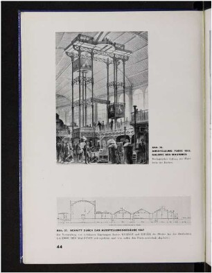 Abb. 36. Ausstellung Paris 1867. Galerie des Machines. Abb. 37. Schnitt durch das Ausstellungsgebäude 1867.
