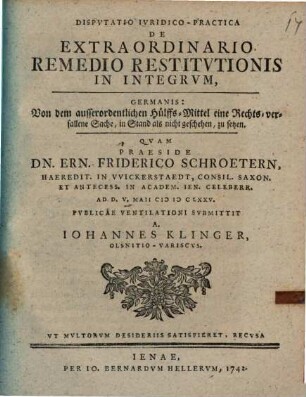 Disputatio de extraordinario remedio restitutionis in integrum