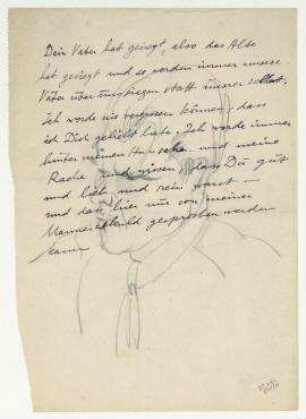 Notiz von Raoul Hausmann an Hannah Höch, geschrieben über einem Selbstporträt. Berlin