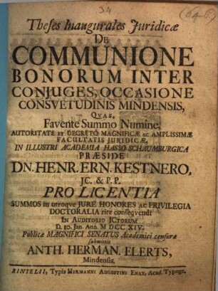 Theses inaug. iur. de communione bonorum inter coniuges : occasione consuetudinis Mindensis