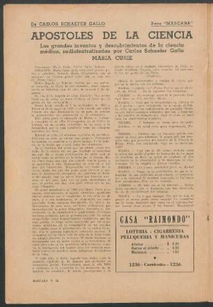 Apóstoles de la Ciencia : Los grandes inventos y descubrimientos de la ciencia médica, radio teatralizadas por Carlos Schaefer Gallo - Maria Curie