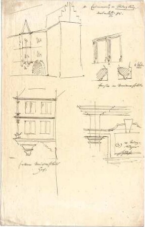 Hauberrisser, Georg von; u. a. Deutschland; Italien; Österreich; Skizzen - Häuser u. Fenster in Würzburg (Teilansichten, Teilgrundriss, Ansicht, Detail)