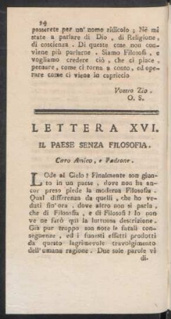 Lettera XVI. Il Paese Senza Filosofia