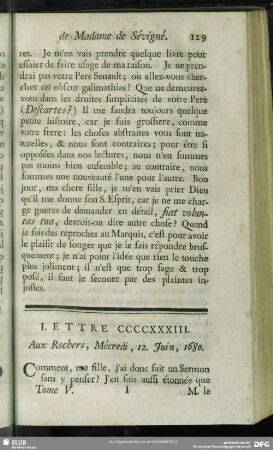 Lettre CCCCXXXIII. Aux Rochers, Mécredi, 12. Juin, 1680