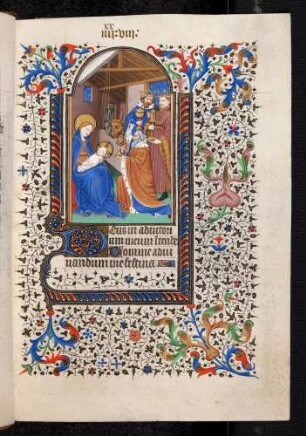 Bordüren-Miniatur-Seite: (Marienoffizium: Sext) Anbetung der Könige; Zierinitiale: D(eus in adiutorium meum intende)