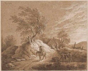 Landschaft in hügeliger Gegend mit Reisenden