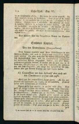 112-116, Sechstes Kapitel. Von den Bindwörtern. (Conjonctions)