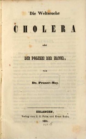 Die Weltseuche Cholera oder die Polizei der Natur