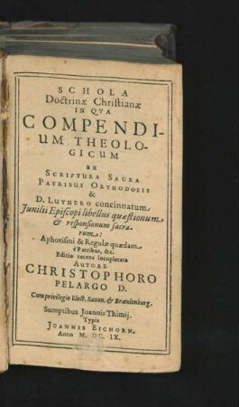 Schola Doctrinae Christianae : In Qua Compendium Theologicum Ex Scriptura Sacra Patribus Orthodoxis & D. Luthero concinnatum