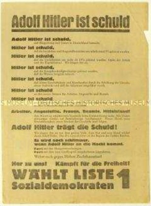Flugblatt der SPD gegen Adolf Hitler und Aufruf zur Reichstagswahl am 31. Juli 1932
