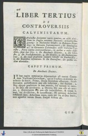 Liber Tertius De Controversiis Calvinistarum.