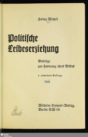 Politische Leibeserziehung : Beiträge zur Formung ihres Bildes