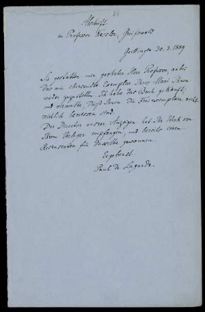 Brief von Paul de Lagarde an Konrad Kessler, in einer Abschrift von Anna de Lagarde, Göttingen, 30.3.1889