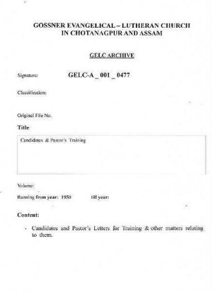 Candidates & Pastor's Training