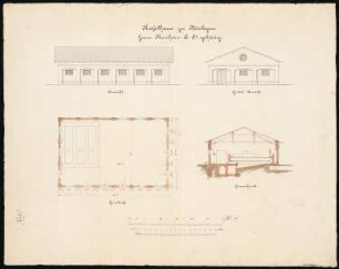Grube Ilse (Kunheim & Co.), Großräschen/Bückgen Kesselhaus der Kleesalzfabrik: Grundriss, Seitenansicht, Ansicht Giebelseite, Querschnitt