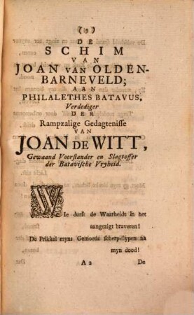De Schim Van Joan Van Olden-Barneveld; Aan Philates Batavus, Verdediger der Rampzalige Gedagtenisse Van Joan De Witt, Gewaan Voorstander en Slagtoffer der Batavische Vryheid