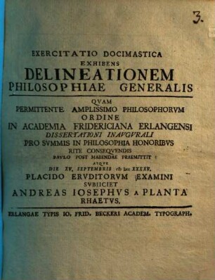 Exercitatio Docimastica, Exhibens Delineationem Philosophiae Generalis