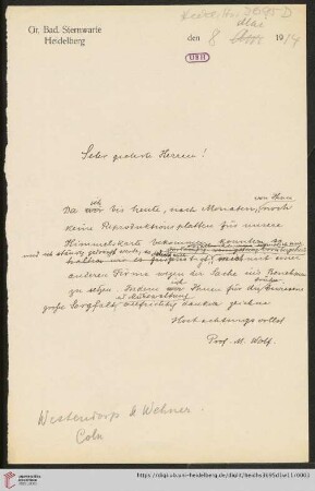 D. Briefe von Max Wolf: Brief von Max Wolf an Westendorp & Wehner A.G. Photographische Platten (Köln)