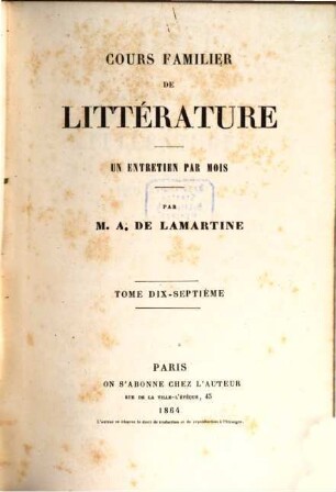 Cours familier de littérature : un entretien par mois, Tome dix-septième