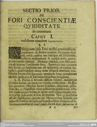 Sectio Prior De Fori Conscientiae Quidditate in communi