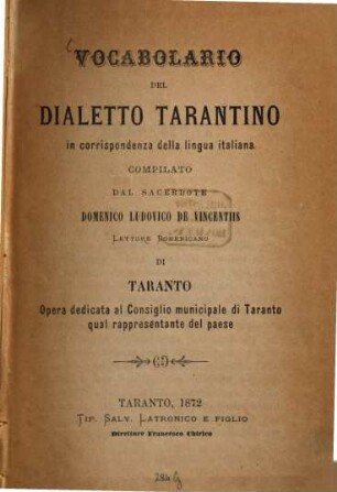 Vocabolario del dialetto tarantino in corrispondenza della lingua italiana