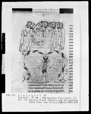 Stuttgarter Passionale — Ergänzungsband — Initiale M (iletus servus), darauf der Marientod, Folio 15verso