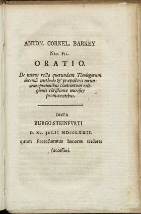 Anton. Cornel. Barkey Nic. Fil. Oratio.