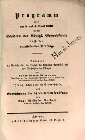 Programm zu der am ... mit den Schülern der Königl. Gewerbschule in Zittau anzustellenden Prüfung. 1839