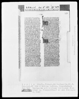 Biblia latina — Initiale N (onidem) und Initiale T (emporibus), Folio 389 recto