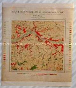 Topographische Karte der Gegend um Leisnig an der Freiberger Mulde in Sachsen mit erdzeitgeschichtlicher Einordnung der Gesteinsformationen