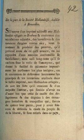 De la part la Societé Hollandoise, établie à Bruxelles