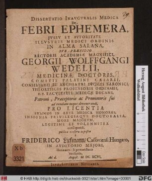Dissertatio Inauguralis Medica De Febri Ephemera