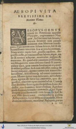 Aesopi Vita Brevissime Ex Maximo Planude