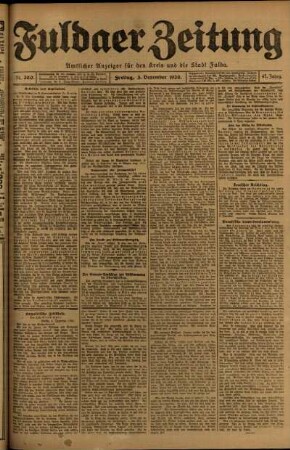 Erste Ausgabe vom Freitag, den 03. Dezember 1920.