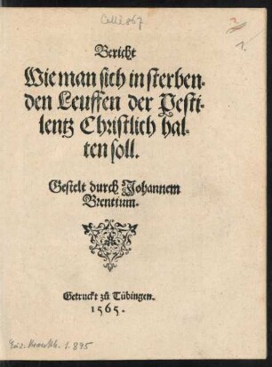 Bericht || Wie man sich in sterben=||den Leuffen der Pesti=||lentz Christlich hal=||ten soll.|| Gestelt durch Johannem || Brentium.||