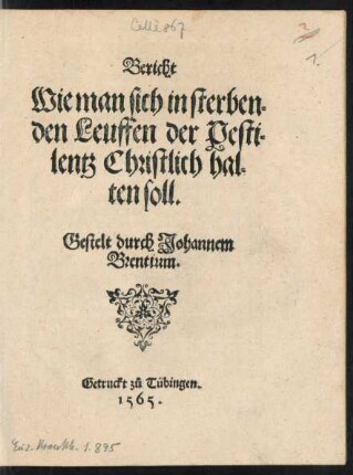 Bericht || Wie man sich in sterben=||den Leuffen der Pesti=||lentz Christlich hal=||ten soll.|| Gestelt durch Johannem || Brentium.||