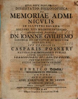 Dissertatio Philosophica De Memoriae Adminiculis