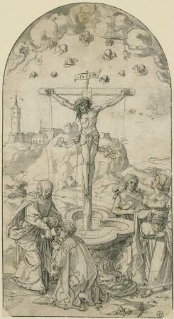 Das Altarsakrament. Christus am Kreuz, dessen Blut in einen Brunnen strömt, aus dem eine Frau einem Jüngling zu trinken gibt. Rechts Johannes und Magdalena, im Hintergrund ein Kloster