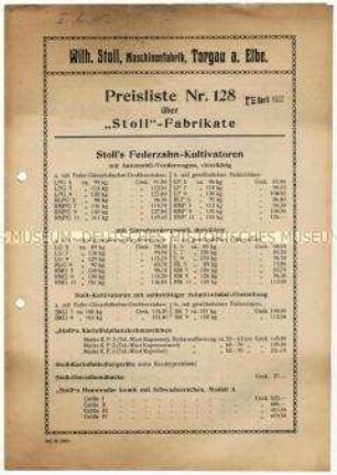 Preisliste Nr. 128 über Kultivatoren und Kartoffelerntemaschinen