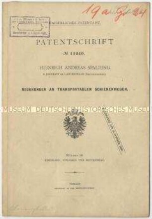 Patentschrift einer Neuerung an transportablen Schienenwegen, Patent-Nr. 11240
