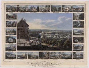 Ansichten von der sächsische Schweiz, Lithographie, um 1860 : Täubert, Gustav : Erinnerung an die sächsische Schweitz / nach d. Nat. gez. v. G. Täubert. Lith. v. J. Riedel. - Dresden : Braunsdorf , [ca. 1860]. - 25 Ansichten auf 1 Kunstblatt : kolor. Lithogr. ; Gesamtgr. 54 x 38 cm