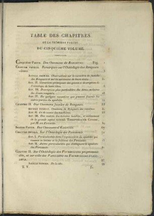 Table Des Chapitres de la Première Partie Du Cinquième Volume. (unvollständig)
