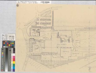 Schmallenberg (Schmallenberg) Schulzentrum Lageplan mit Außenanlagen 1973 1 : 500 58 x 122 Pause Benesch und Partner Freie Garten- und Landschaftsarchitekten, Dortmund Staatshochbauamt Soest