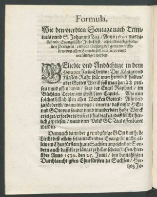 Formula, Wie den vierdten Sontage nach Trinitatis unnd S. Johannis Tag/ Anno 1630. Das instehende Evangelische Jubelfest/ [...] von allen Canzeln soll intimirt und verkündiget werden.