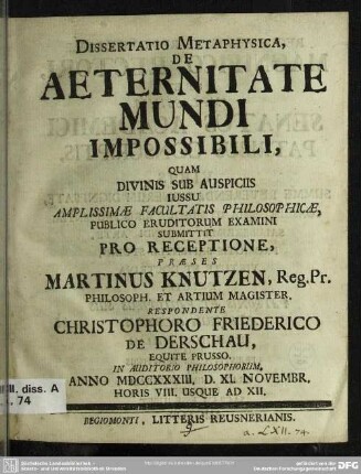 Dissertatio Metaphysica, De Aeternitate Mundi Impossibili